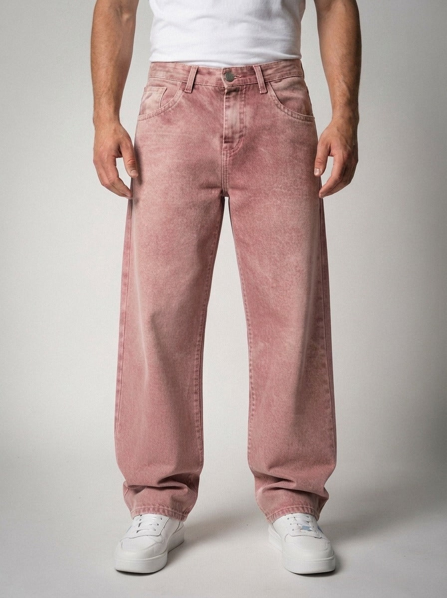 Men's Casual Wide Leg Denim Jeans with Contrast Waistband