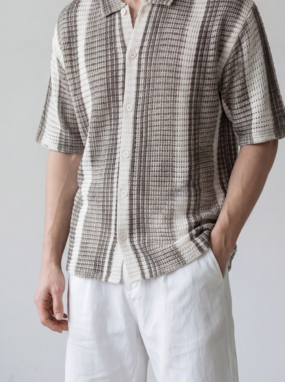 Men's Check Waffle Knit Oversized Short Sleeve Shirt with Camp Collar