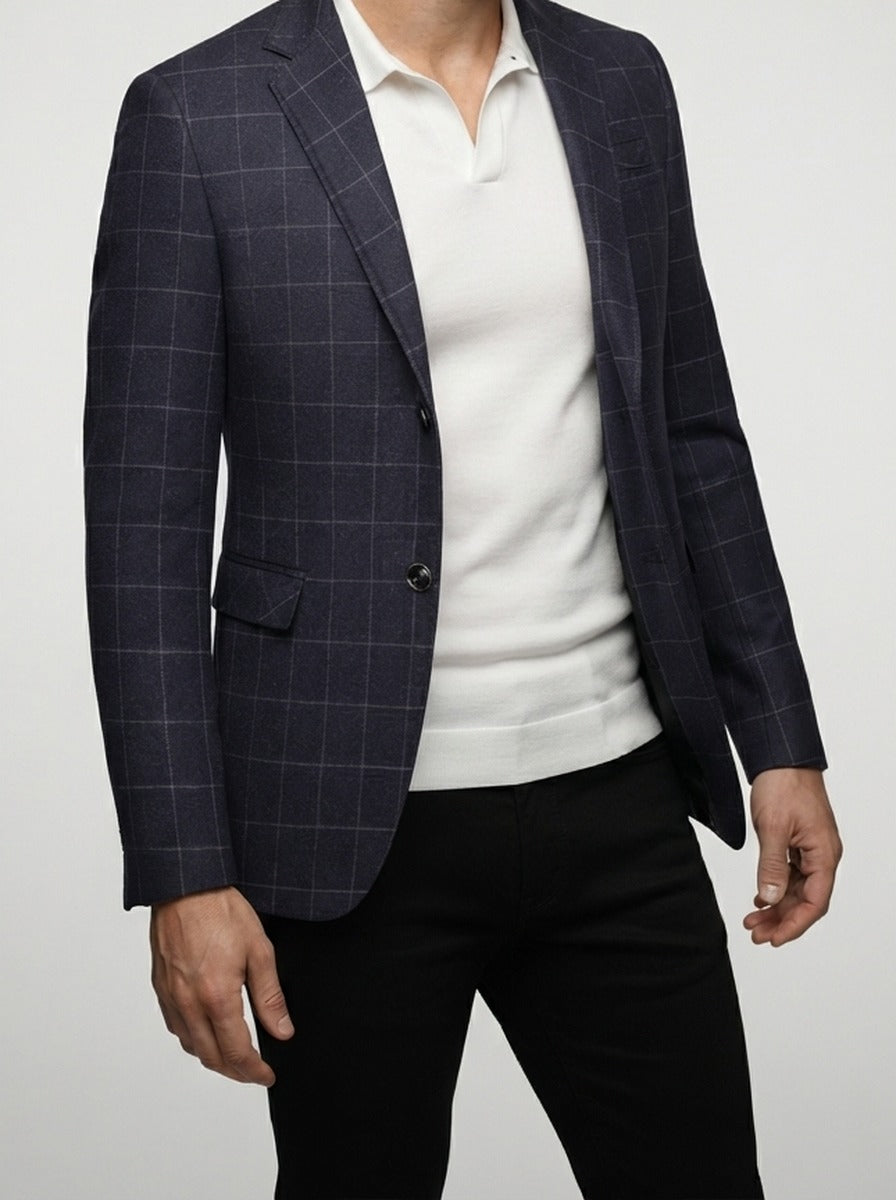 Men's Check Wool Blazer with Notch Lapels