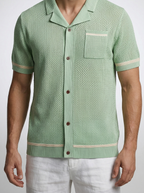 Men's Open Mesh Knit Short Sleeve Shirt with Camp Collar and Chest Pocket
