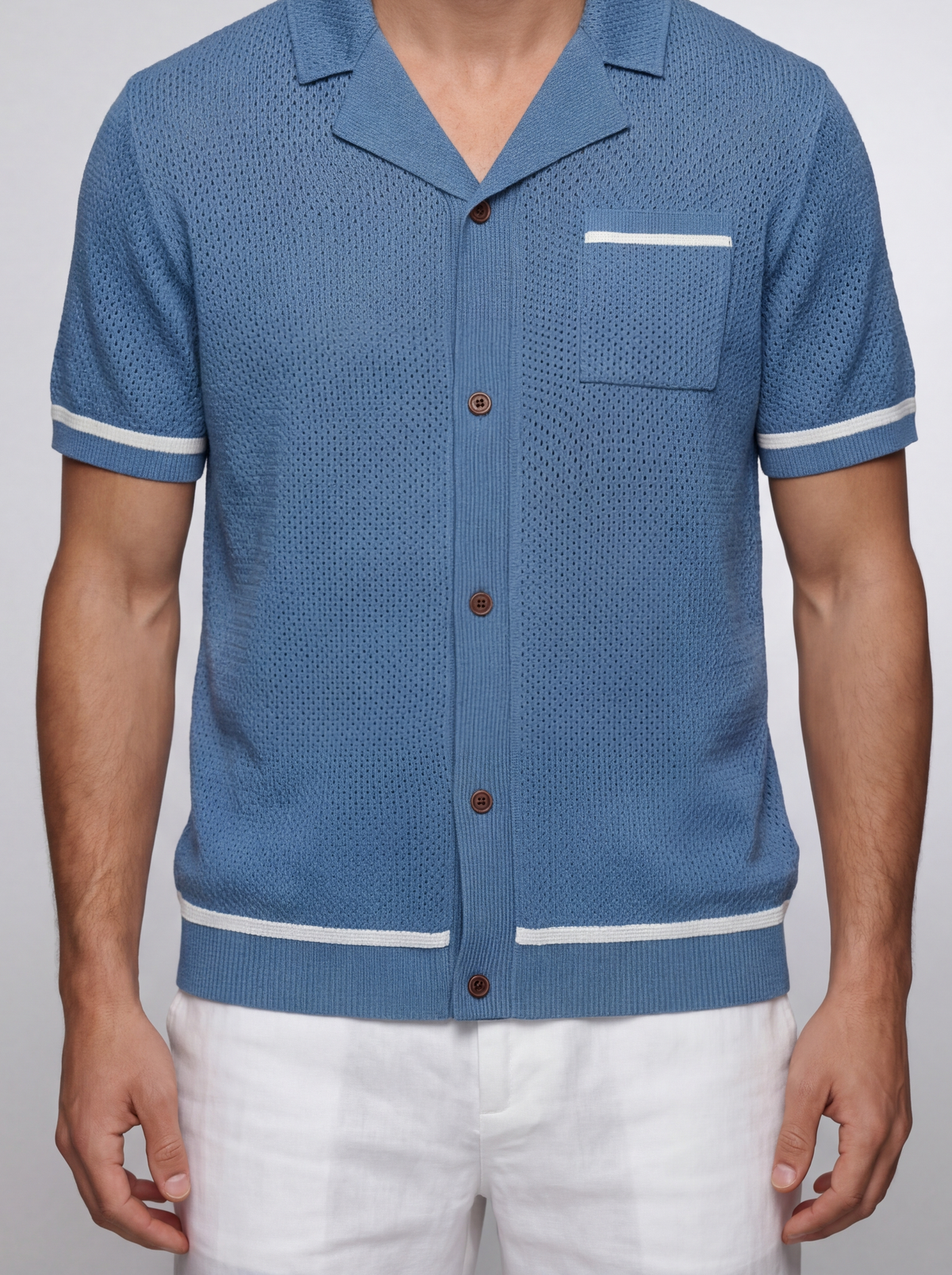 Men's Open Mesh Knit Short Sleeve Shirt with Camp Collar and Chest Pocket