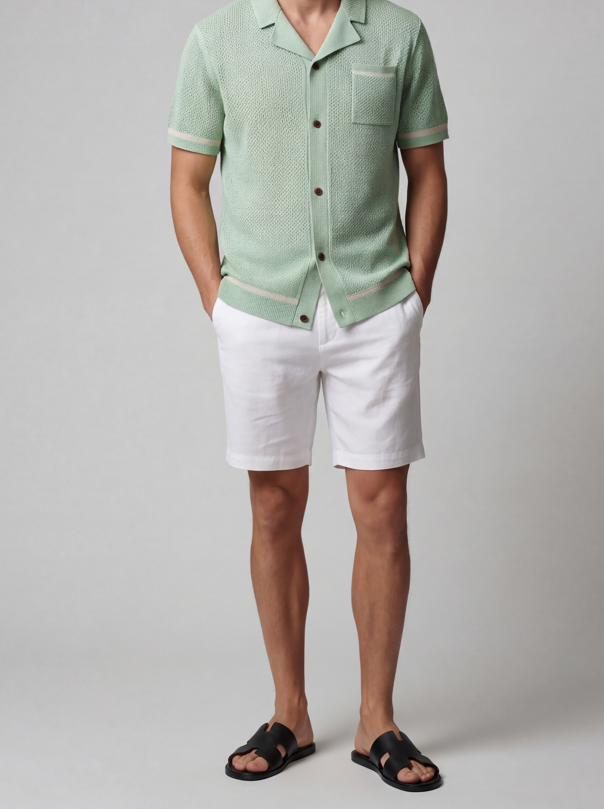 Men's Open Mesh Knit Short Sleeve Shirt with Camp Collar and Chest Pocket
