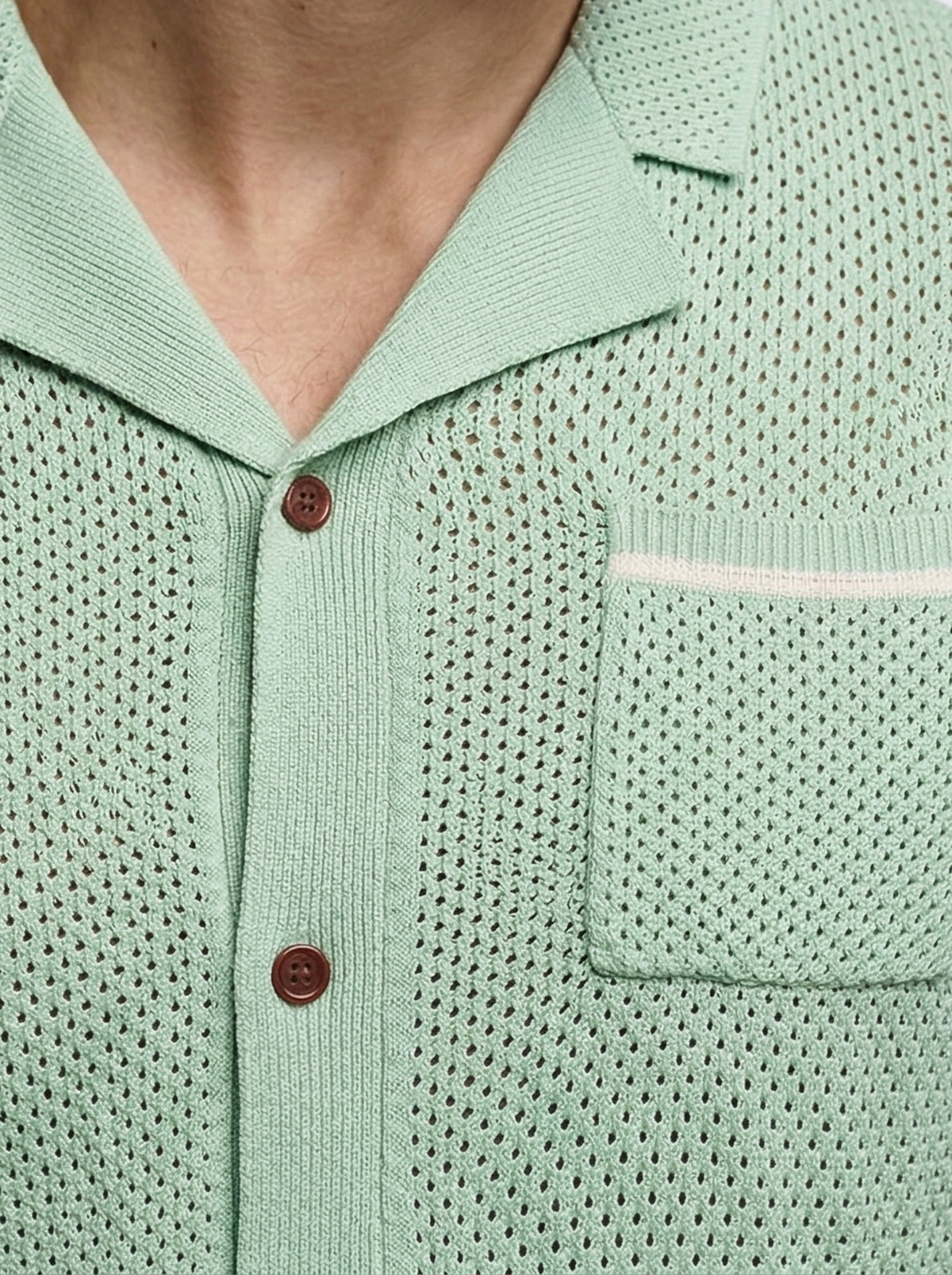 Men's Open Mesh Knit Short Sleeve Shirt with Camp Collar and Chest Pocket