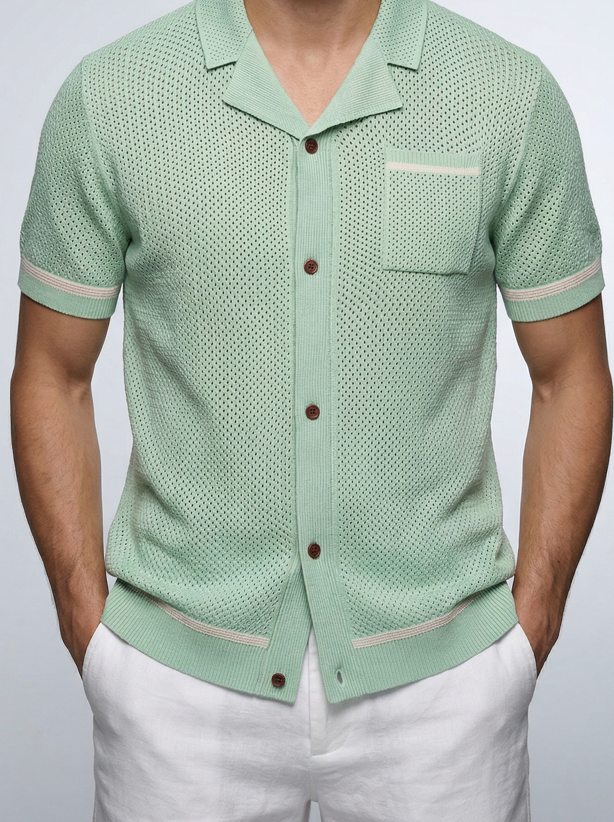 Men's Open Mesh Knit Short Sleeve Shirt with Camp Collar and Chest Pocket