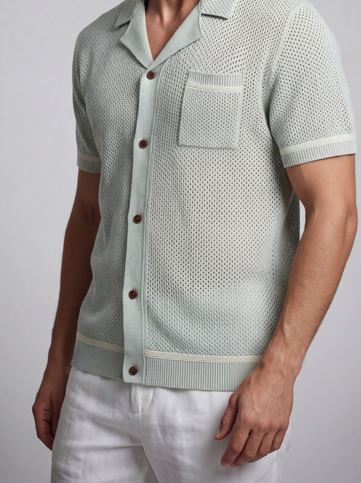 Men's Open Mesh Knit Short Sleeve Shirt with Camp Collar and Chest Pocket