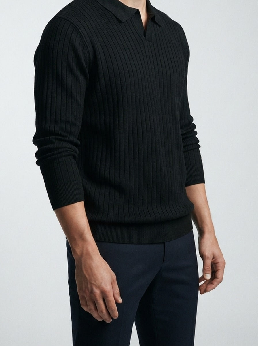 Men's Ribbed Knit Long Sleeve Polo Shirt