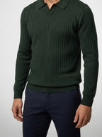 Men's Ribbed Knit Long Sleeve Polo Shirt