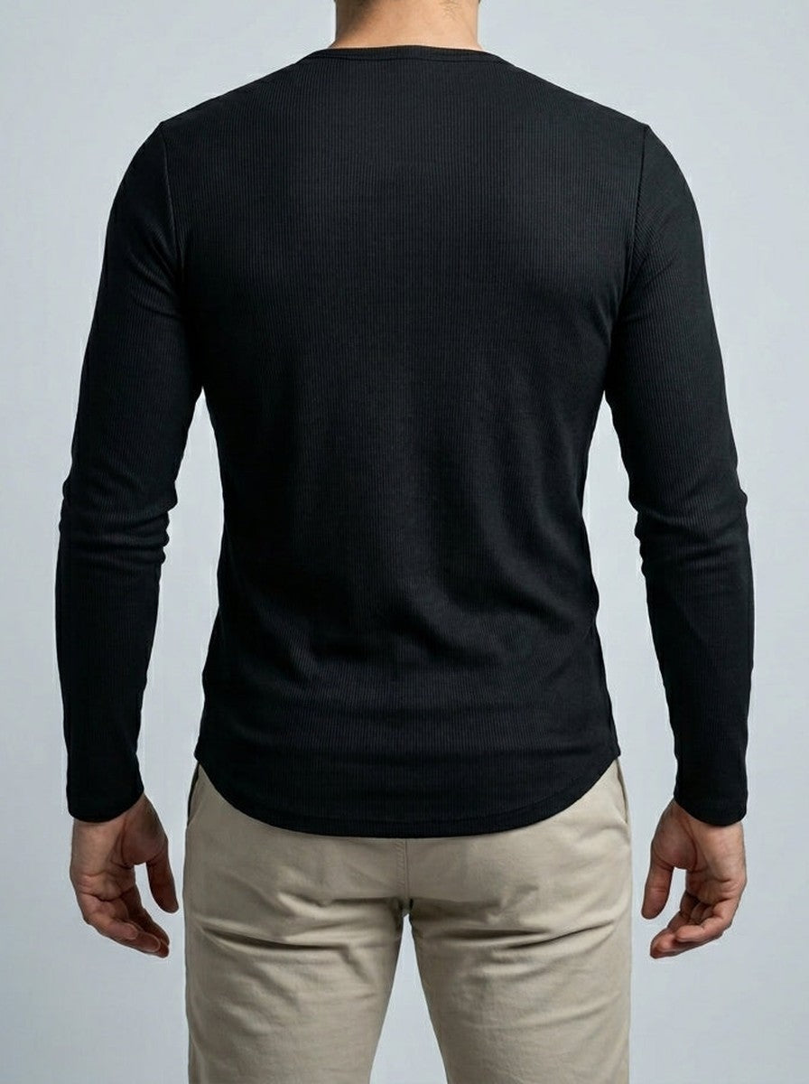 Men's Ribbed Stretch Knit Long Sleeve Henley Shirt with Button Placket