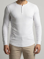 Men's Ribbed Stretch Knit Long Sleeve Henley Shirt with Button Placket