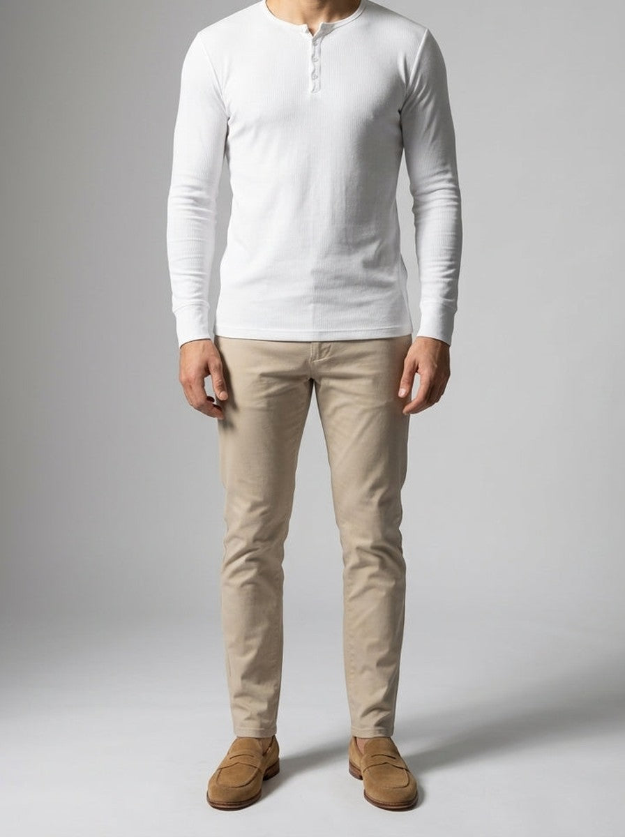 Men's Ribbed Stretch Knit Long Sleeve Henley Shirt with Button Placket