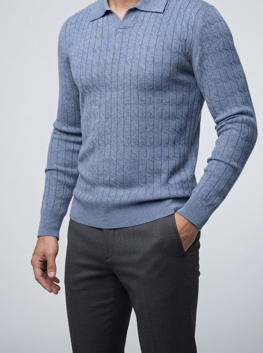 Men's Smart-Casual Cable Knit Long Sleeve Polo Shirt