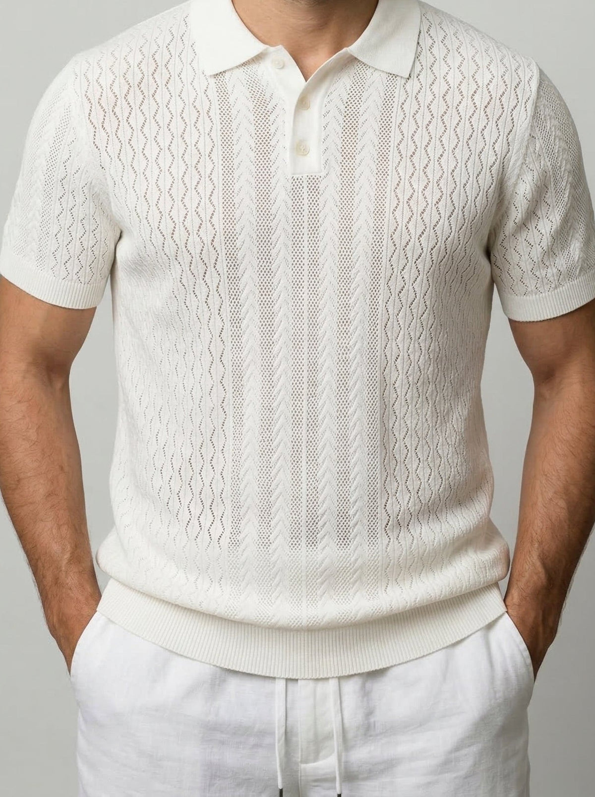 Men's Smart-Casual Chevron Open Knit Polo Shirt with Ribbed Collar