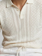Men's Smart-Casual Chevron Open Knit Polo Shirt with Ribbed Collar