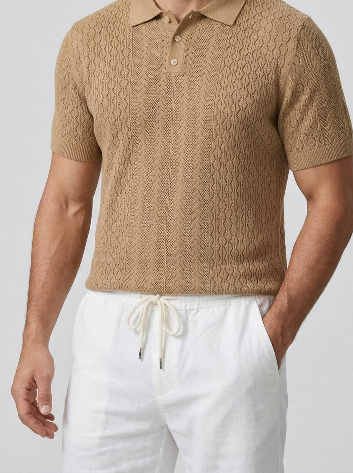 Men's Smart-Casual Chevron Open Knit Polo Shirt with Ribbed Collar