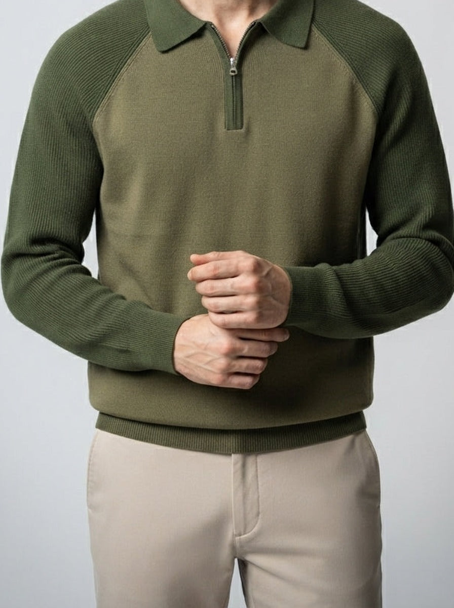 Men's Smart-Casual Knit Long Sleeve Quarter Zip Polo Shirt