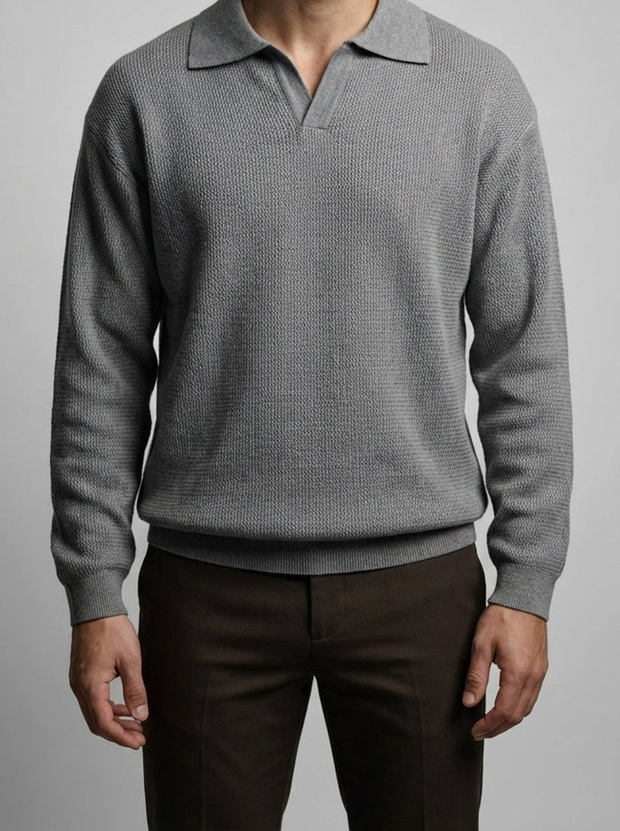 Men's Smart-Casual Oversized Waffle Knit Long Sleeve Polo Shirt