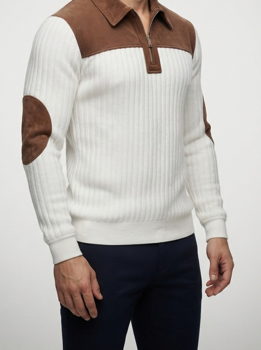 Men's Smart-Casual Ribbed Knit Quarter Zip Polo Shirt
