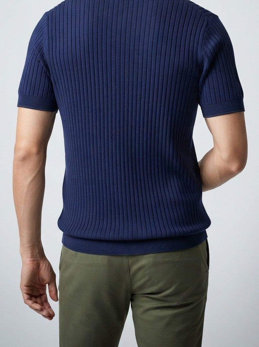 Men's Smart-Casual Ribbed Knit Short Sleeve Polo Shirt with Open Placket