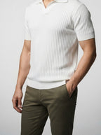 Men's Smart-Casual Ribbed Knit Short Sleeve Polo Shirt with Open Placket