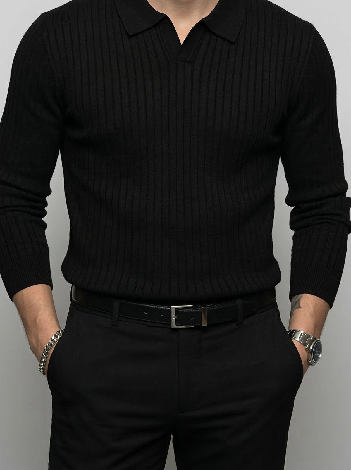 Men's Smart-Casual Ribbed Knit Slim Fit Long Sleeve Polo Shirt