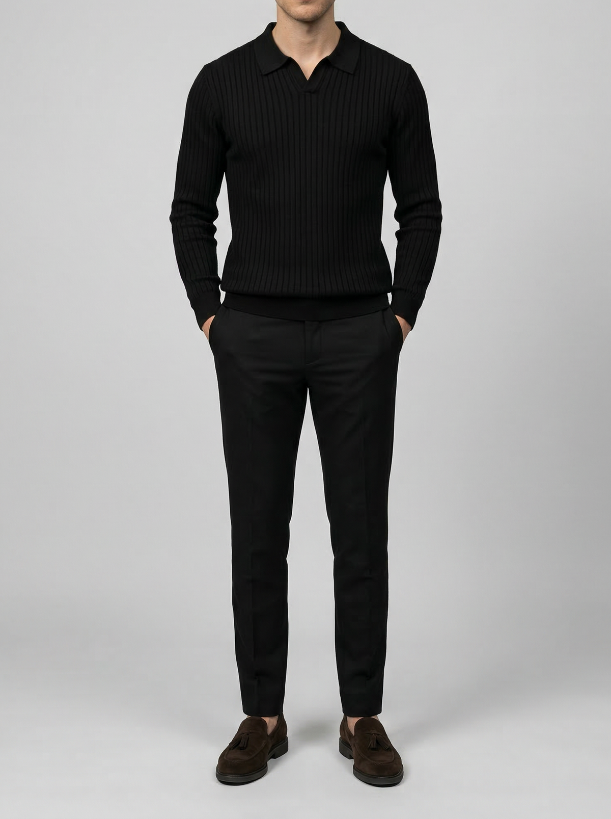 Men's Smart-Casual Ribbed Knit Slim Fit Long Sleeve Polo Shirt