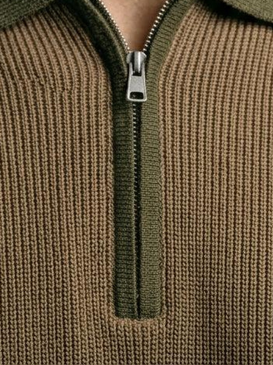 Men's Smart-Casual Ribbed Sleeve Knit Quarter Zip Polo Shirt