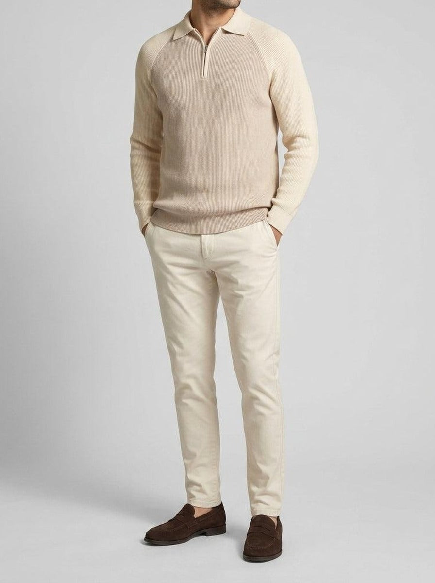 Men's Smart-Casual Ribbed Sleeve Knit Quarter Zip Polo Shirt