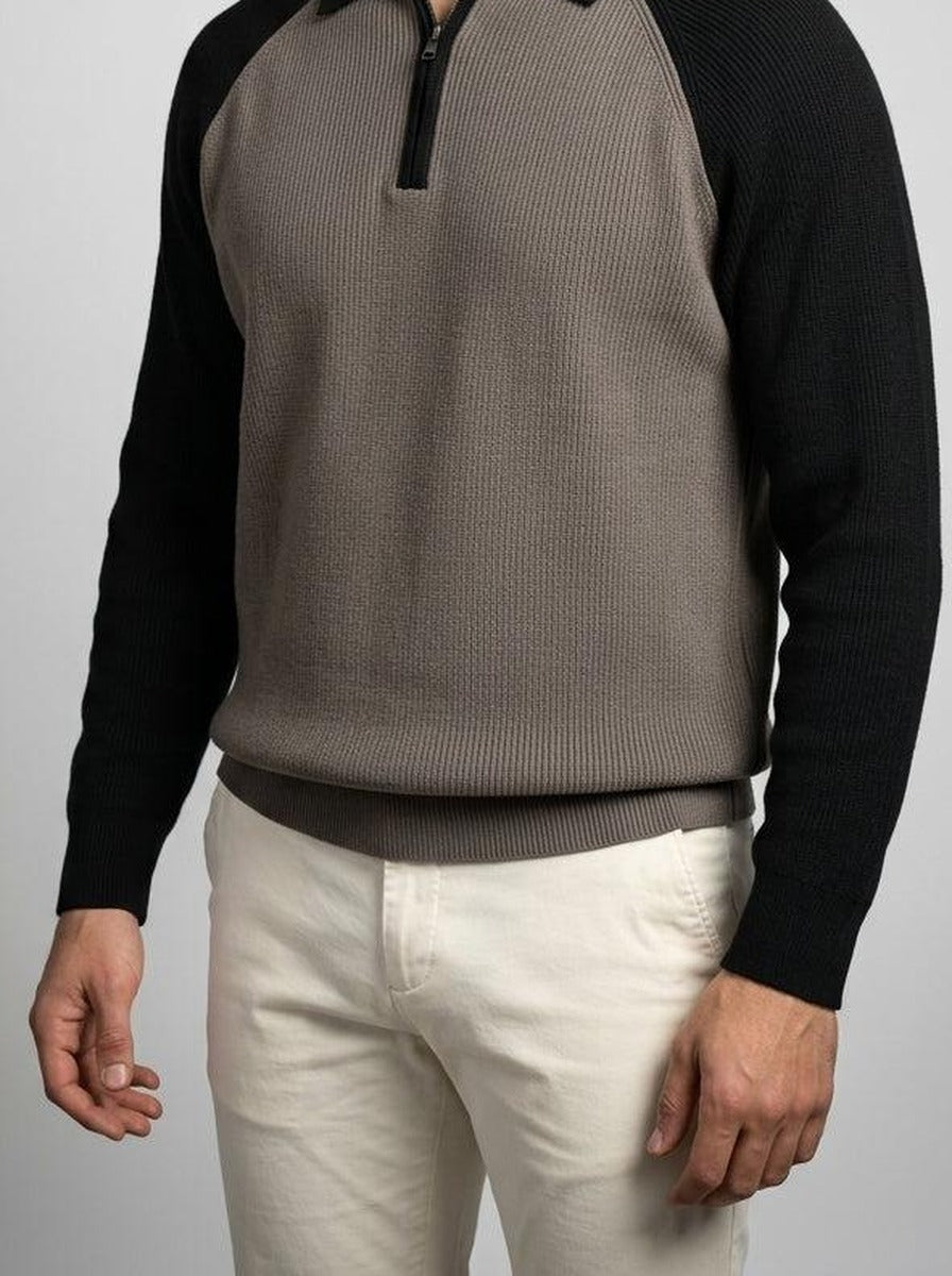 Men's Smart-Casual Ribbed Sleeve Knit Quarter Zip Polo Shirt