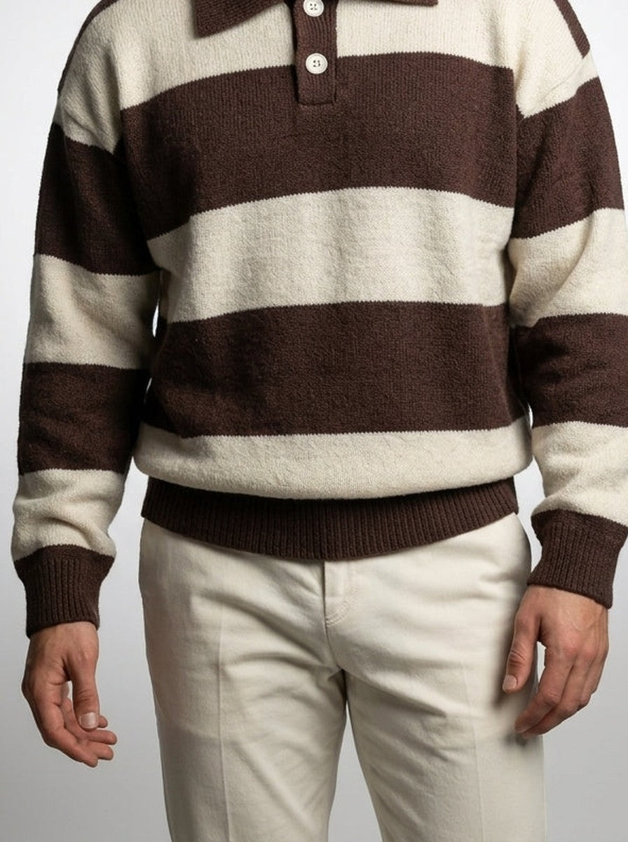 Men's Smart-Casual Striped Knit Long Sleeve Polo Shirt with Collar
