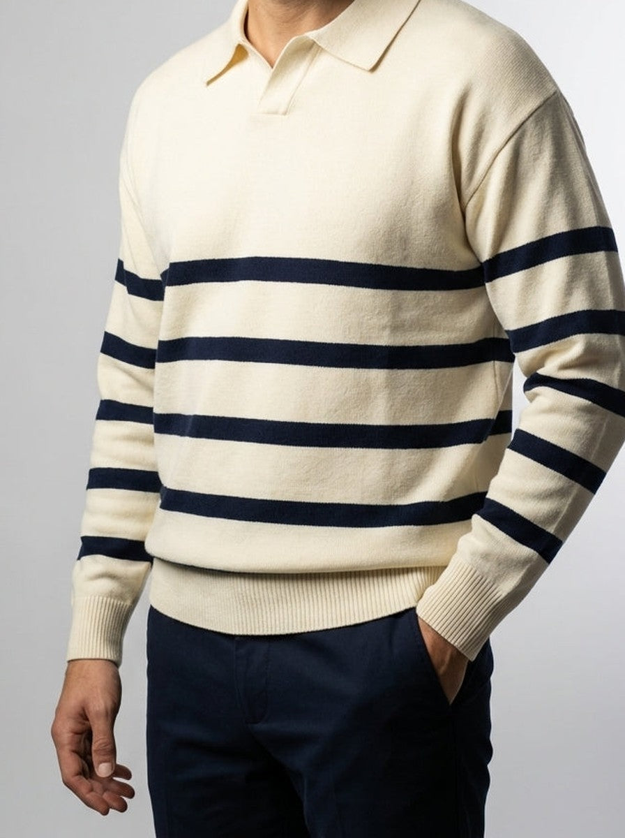 Men's Smart-Casual Striped Knit Long Sleeve Polo Shirt with Open V Placket