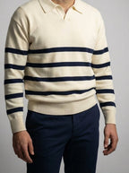 Men's Smart-Casual Striped Knit Long Sleeve Polo Shirt with Open V Placket