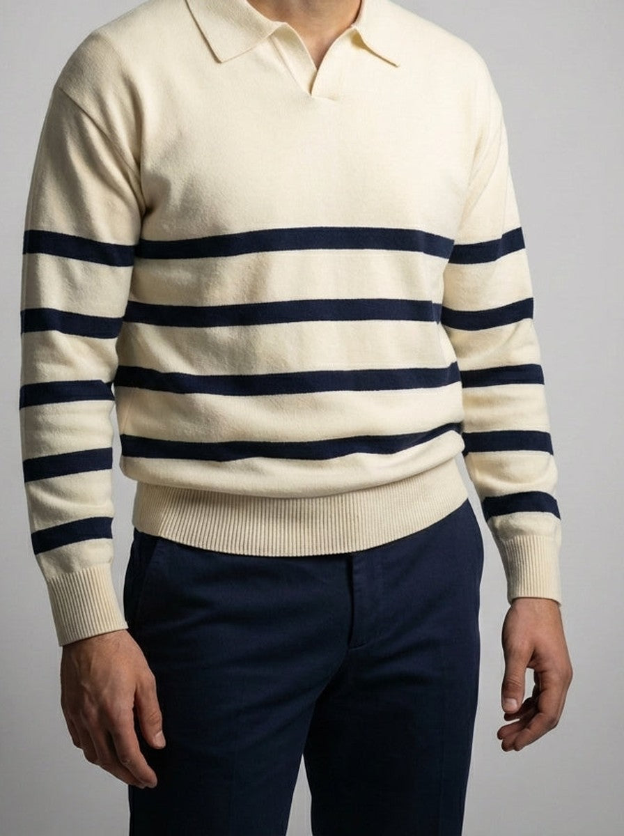 Men's Smart-Casual Striped Knit Long Sleeve Polo Shirt with Open V Placket
