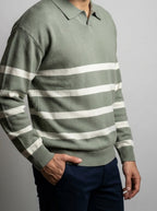 Men's Smart-Casual Striped Knit Long Sleeve Polo Shirt with Open V Placket