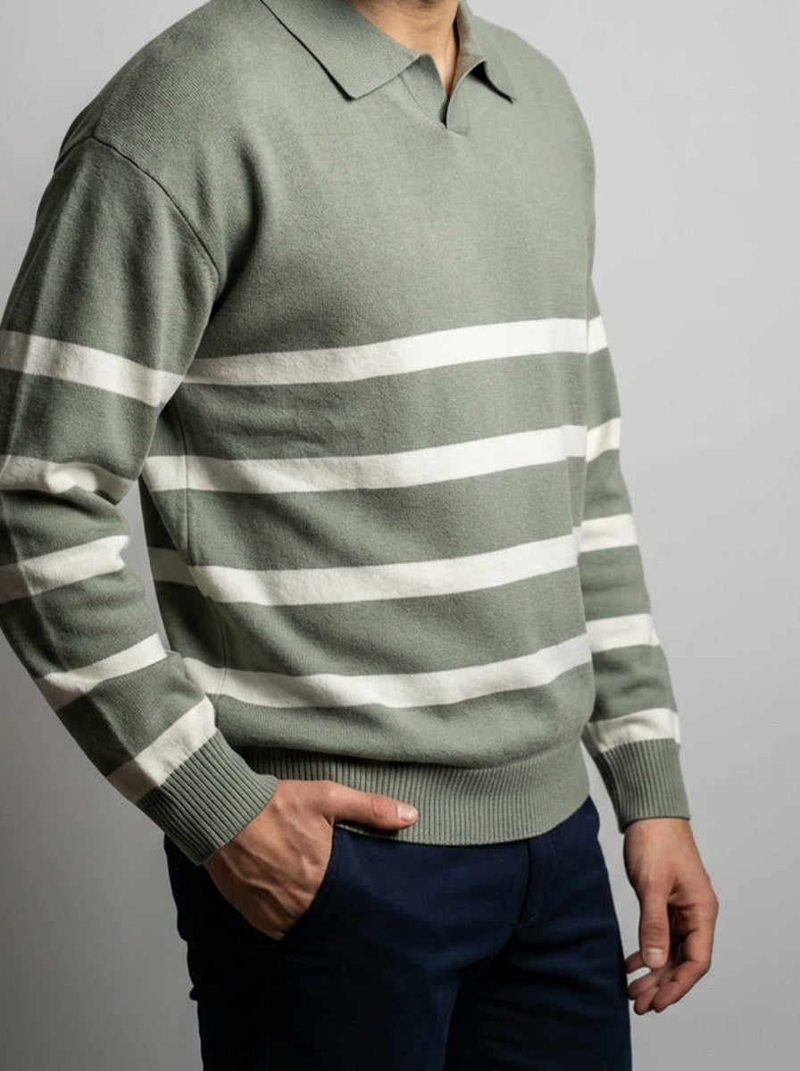 Men's Smart-Casual Striped Knit Long Sleeve Polo Shirt with Open V Placket
