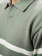 Men's Smart-Casual Striped Knit Long Sleeve Polo Shirt with Open V Placket