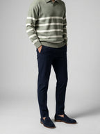Men's Smart-Casual Striped Knit Long Sleeve Polo Shirt with Open V Placket