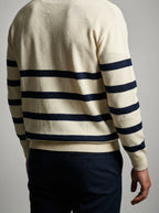 Men's Smart-Casual Striped Knit Long Sleeve Polo Shirt with Open V Placket