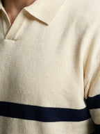 Men's Smart-Casual Striped Knit Long Sleeve Polo Shirt with Open V Placket