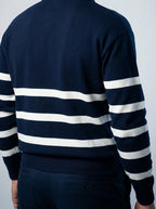 Men's Smart-Casual Striped Knit Long Sleeve Polo Shirt with Open V Placket