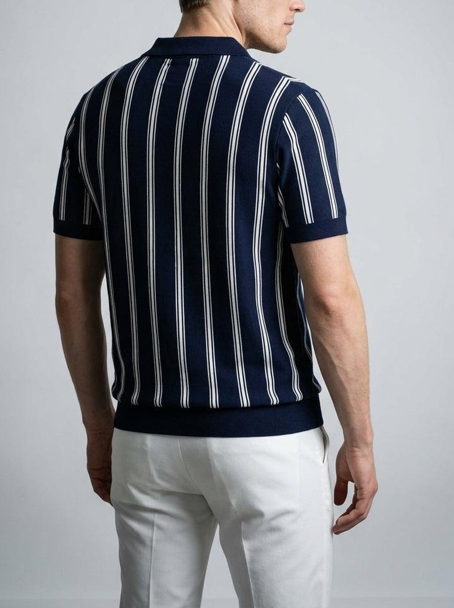 Men's Smart-Casual Striped Knit Polo Shirt with Spread Collar