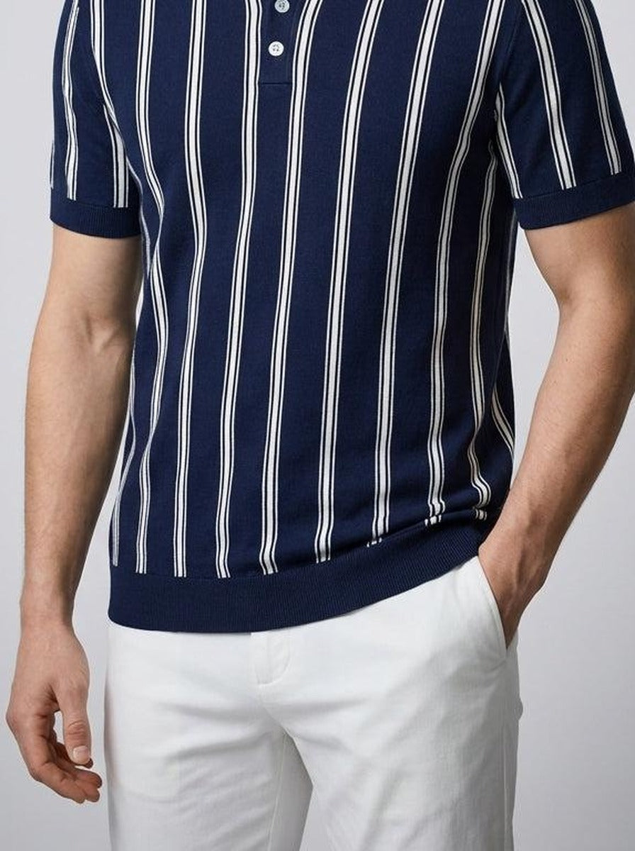 Men's Smart-Casual Striped Knit Polo Shirt with Spread Collar