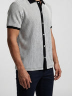 Men's Smart-Casual Textured Stripe Knit Polo Shirt with Contrast Collar