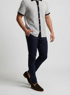 Men's Smart-Casual Textured Stripe Knit Polo Shirt with Contrast Collar