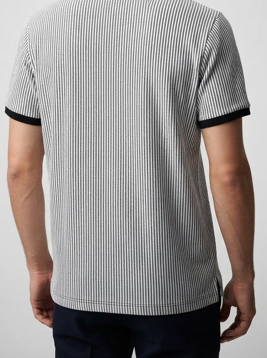Men's Smart-Casual Textured Stripe Knit Polo Shirt with Contrast Collar