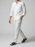 Men's Smart Linen Long Sleeve Band Collar Shirt with Chest Pocket