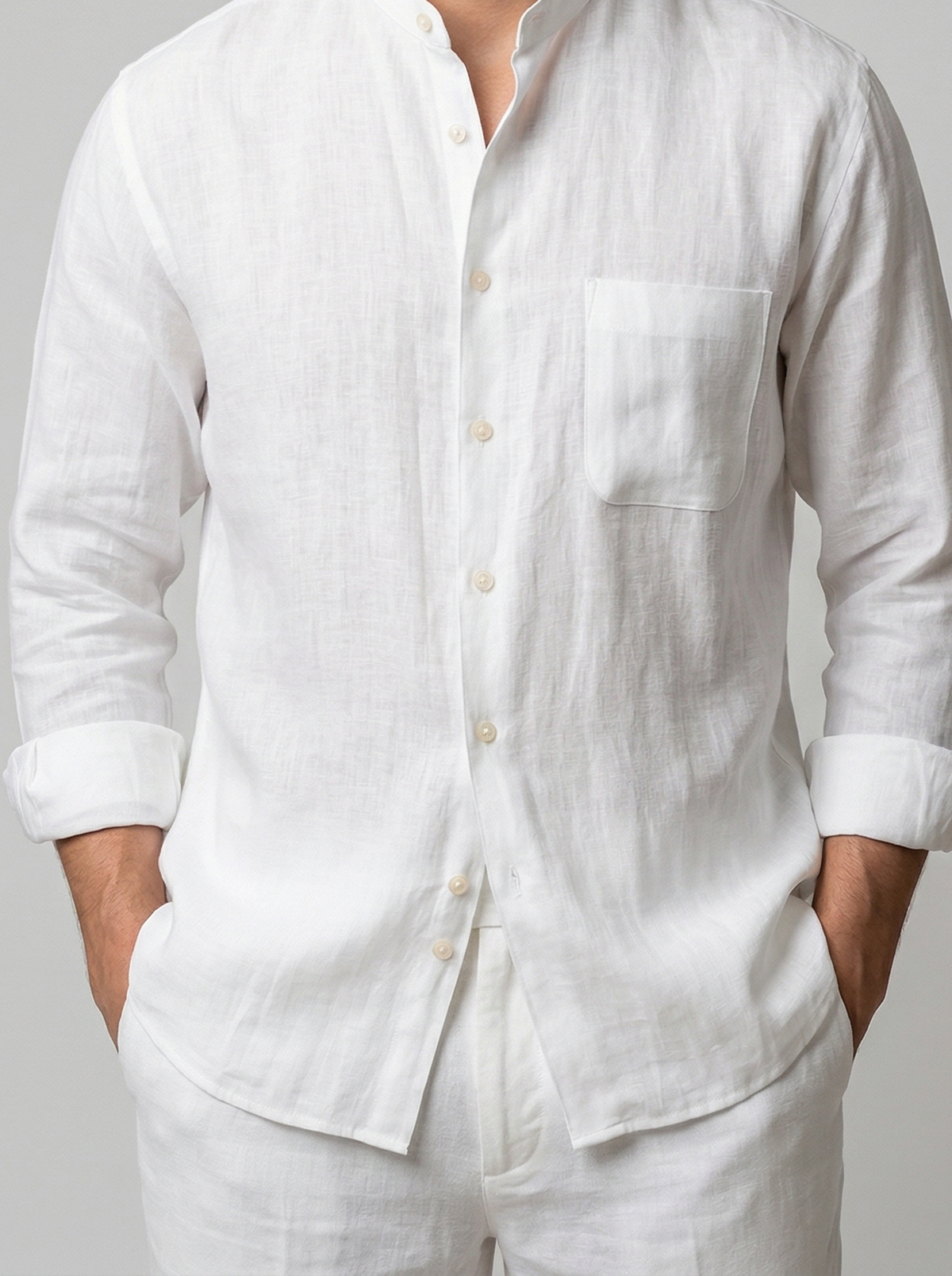 Men's Smart Linen Long Sleeve Band Collar Shirt with Chest Pocket