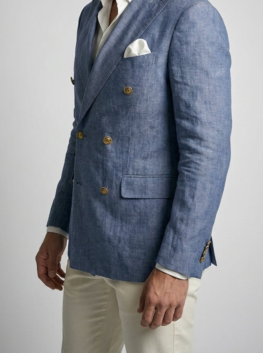 Men's Smart Linen Peak Lapel Double Breasted Blazer