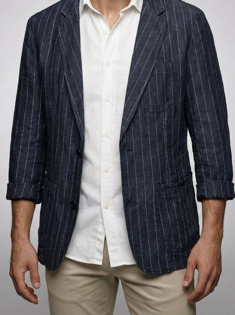 Men's Smart Pinstripe Linen Notch Lapel Blazer