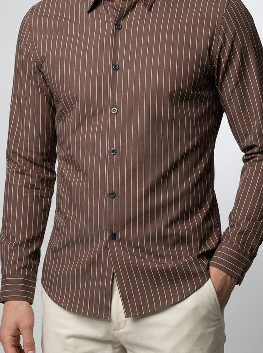 Men's Smart Pinstripe Slim Fit Long Sleeve Shirt with Point Collar