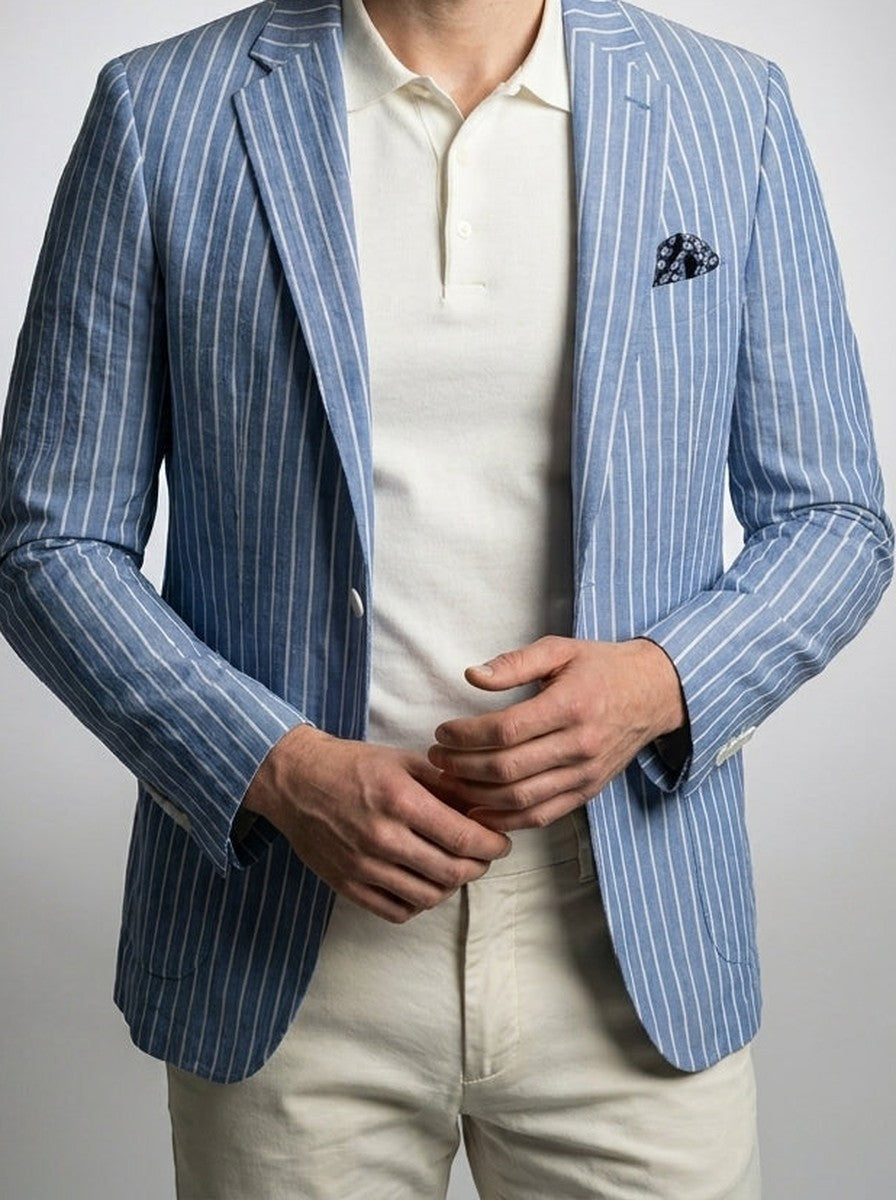 Men's Smart Striped Cotton Linen Notch Lapel Blazer